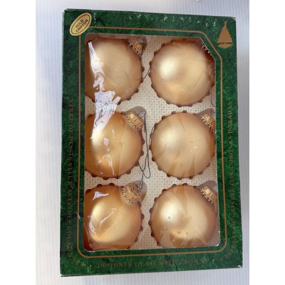 VTG Christmas by Krebs Designer Glass Ornaments with Crowns Chiffon Gold 6pc Set